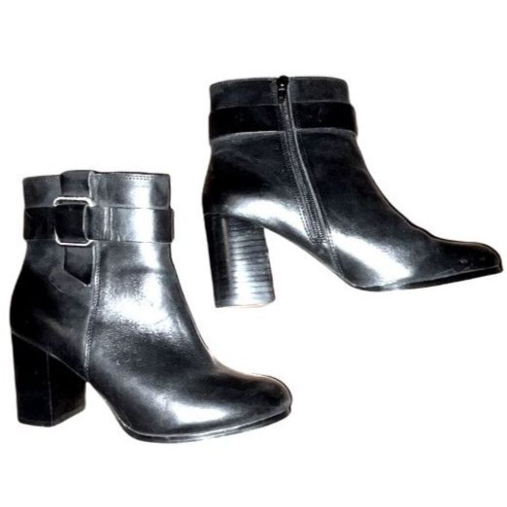 Land's End Womens 6.5 37 Black Buckle Leather Ankle Boots Size Zip High Top Heel